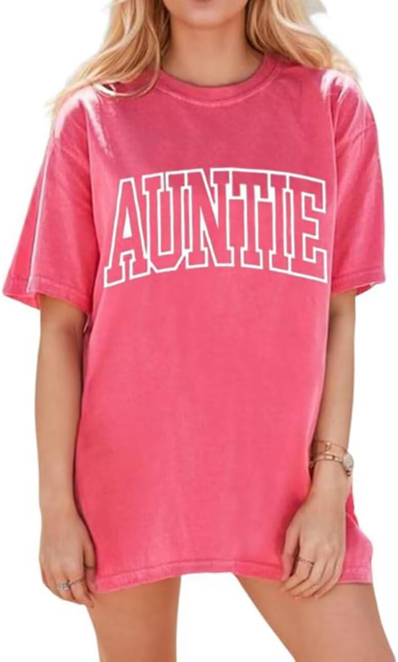 Auntie T Shirt Womens Oversize Cool Aunts Club Tshirts Fashion Auntie Letter Print Crewneck Short Sleeve Shirt Tops - Pink