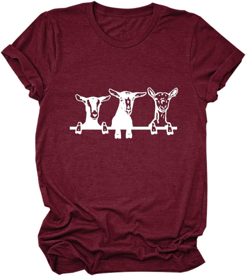 Cute Goats Shirt Goat Mom T-shirt, Farm Animal Tees, Women Baby Goat Short Sleeve Tops Goat Lover Owner Farmer Gifts - Wine