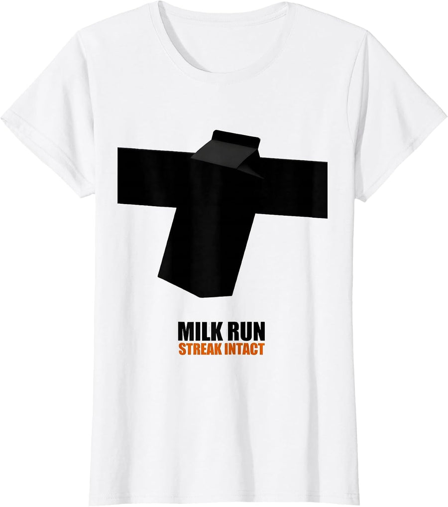 Women's Milk Run: Streak Intact Brutalist Graphic Funny Dad Humor T-Shirt - White