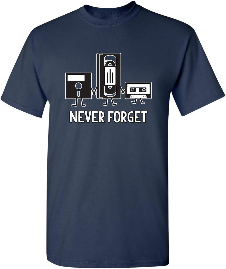 Never Forget Shirt Retro Floppy Disk VHS Cassette Funny Graphic Unisex Tee - Navy