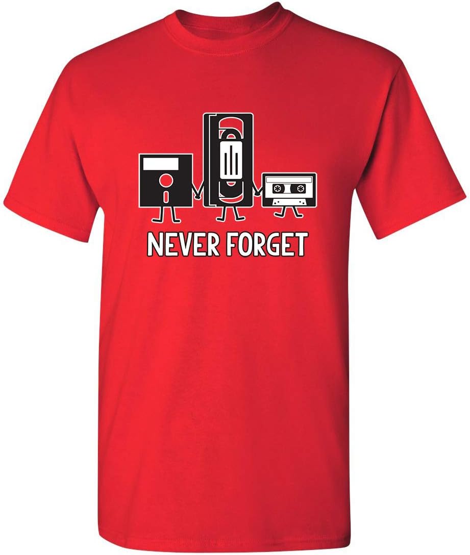 Never Forget Shirt Retro Floppy Disk VHS Cassette Funny Graphic Unisex Tee - Red