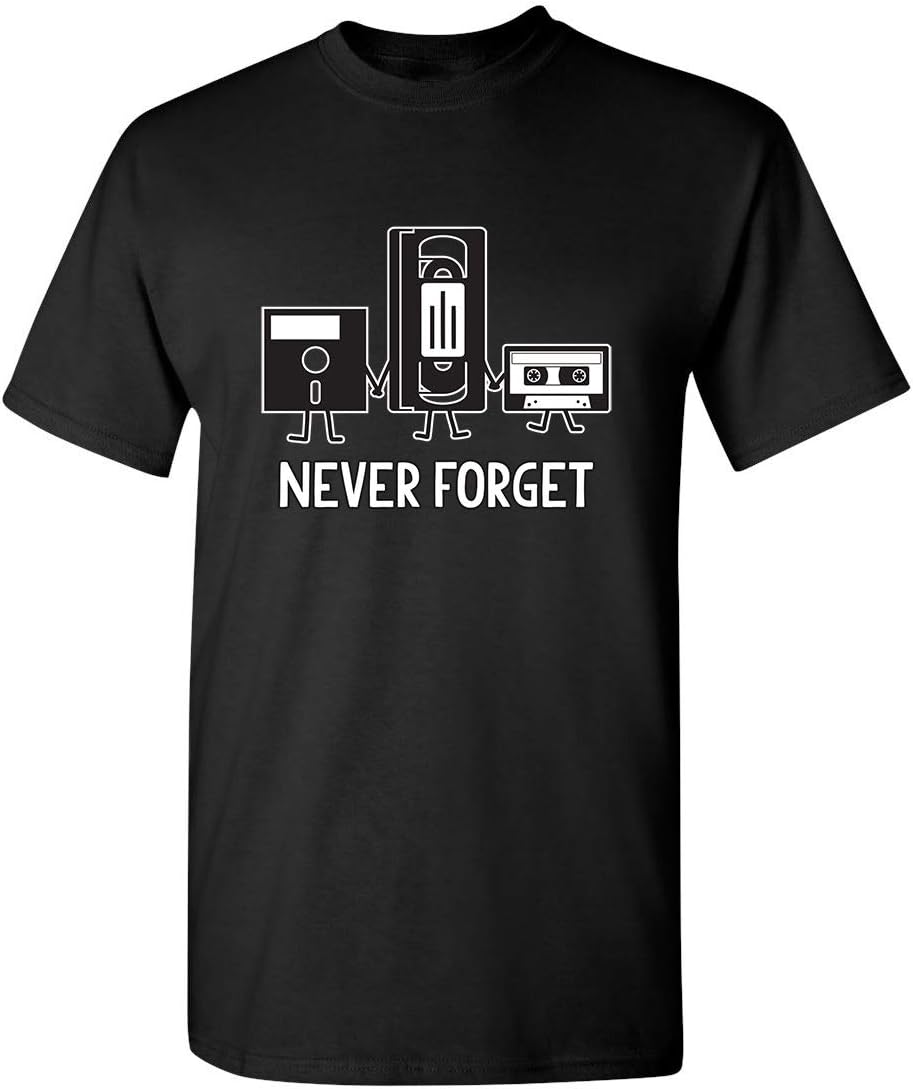 Never Forget Shirt Retro Floppy Disk VHS Cassette Funny Graphic Unisex Tee - Black