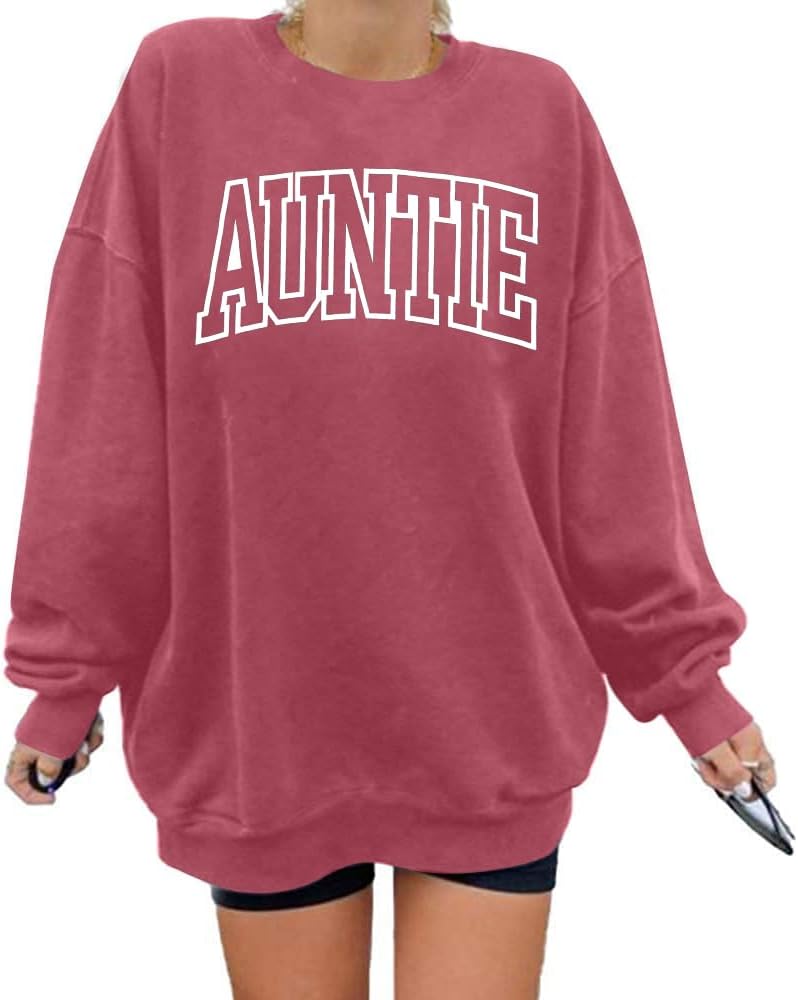 Women's Cool Aunt Sweatshirt, Auntie Letter Print Crewneck Tops - Dark Pink