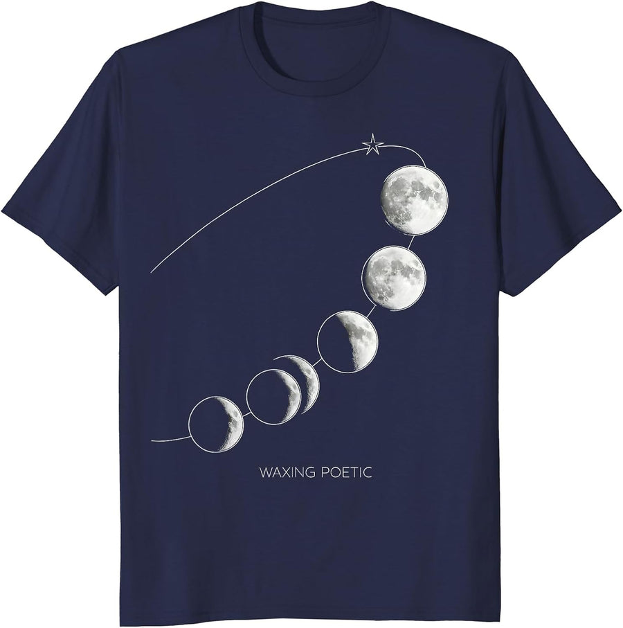 Waxing Poetic Line Art Moon Phase Space Lover Night Sky T-Shirt - Navy Blue