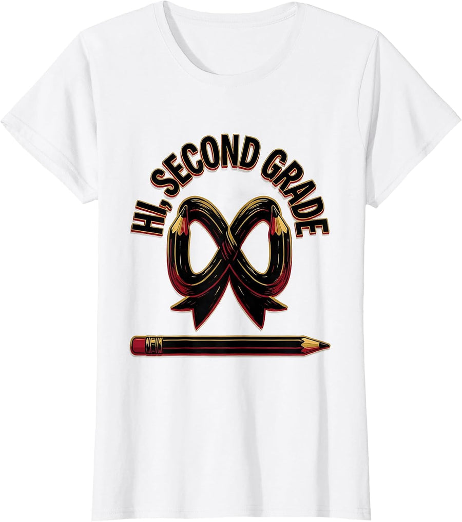 Women's Hi, Second Grade Cute Coquette Bow Back to School Teacher T-Shirt - White