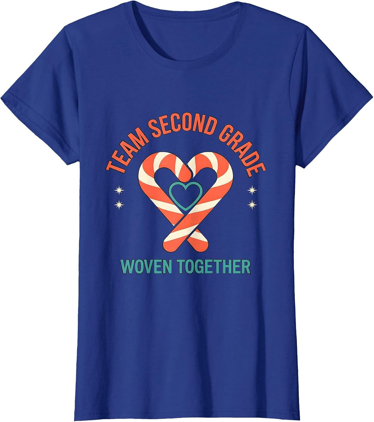Women's Team Second Grade Woven Together Christmas Teacher Candy T-Shirt - Royal Blue