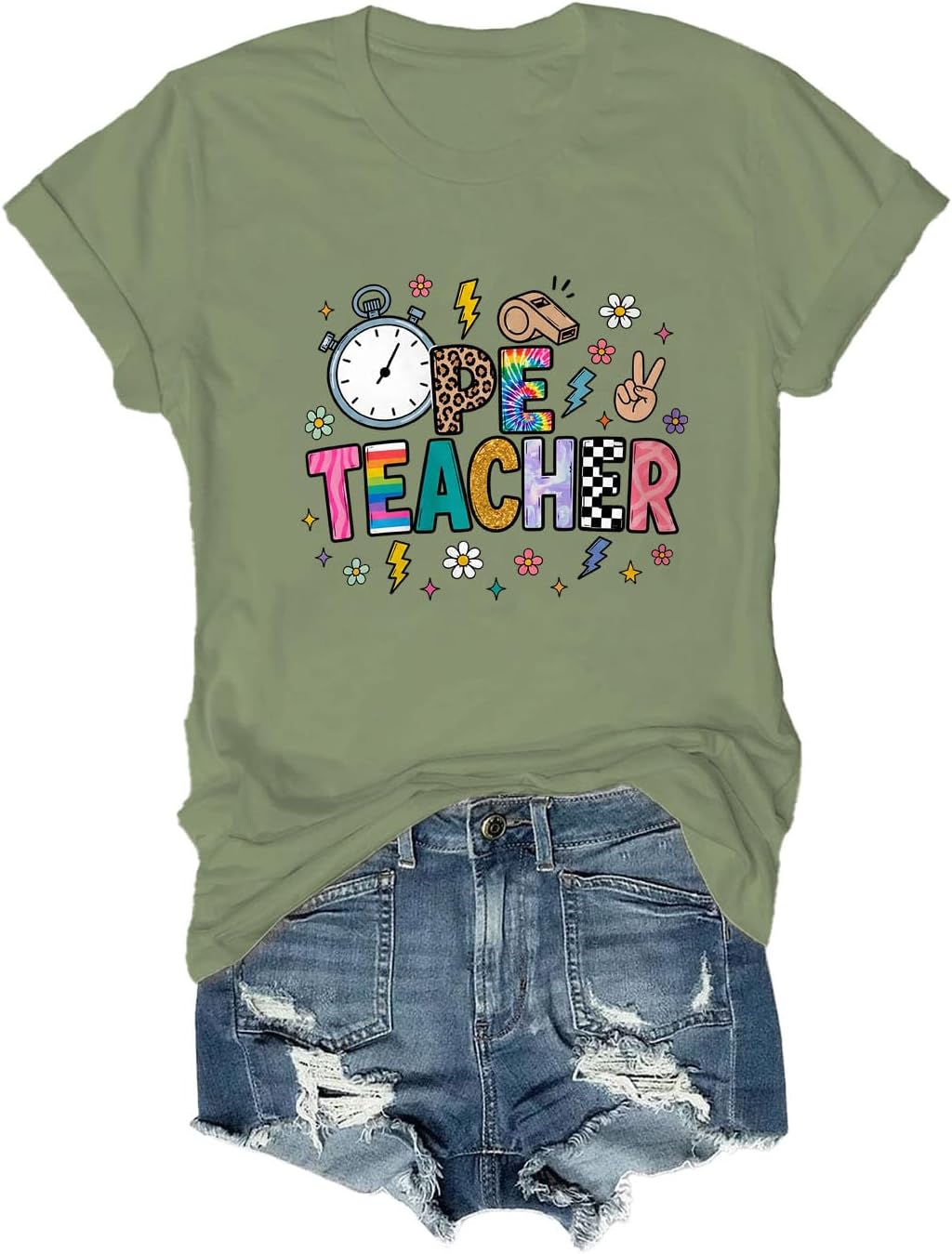 PE Teacher Shirt, Colorful Physical Education Tee, Retro PE Teacher Casual Back to School T-Shirt - Crewneck Green