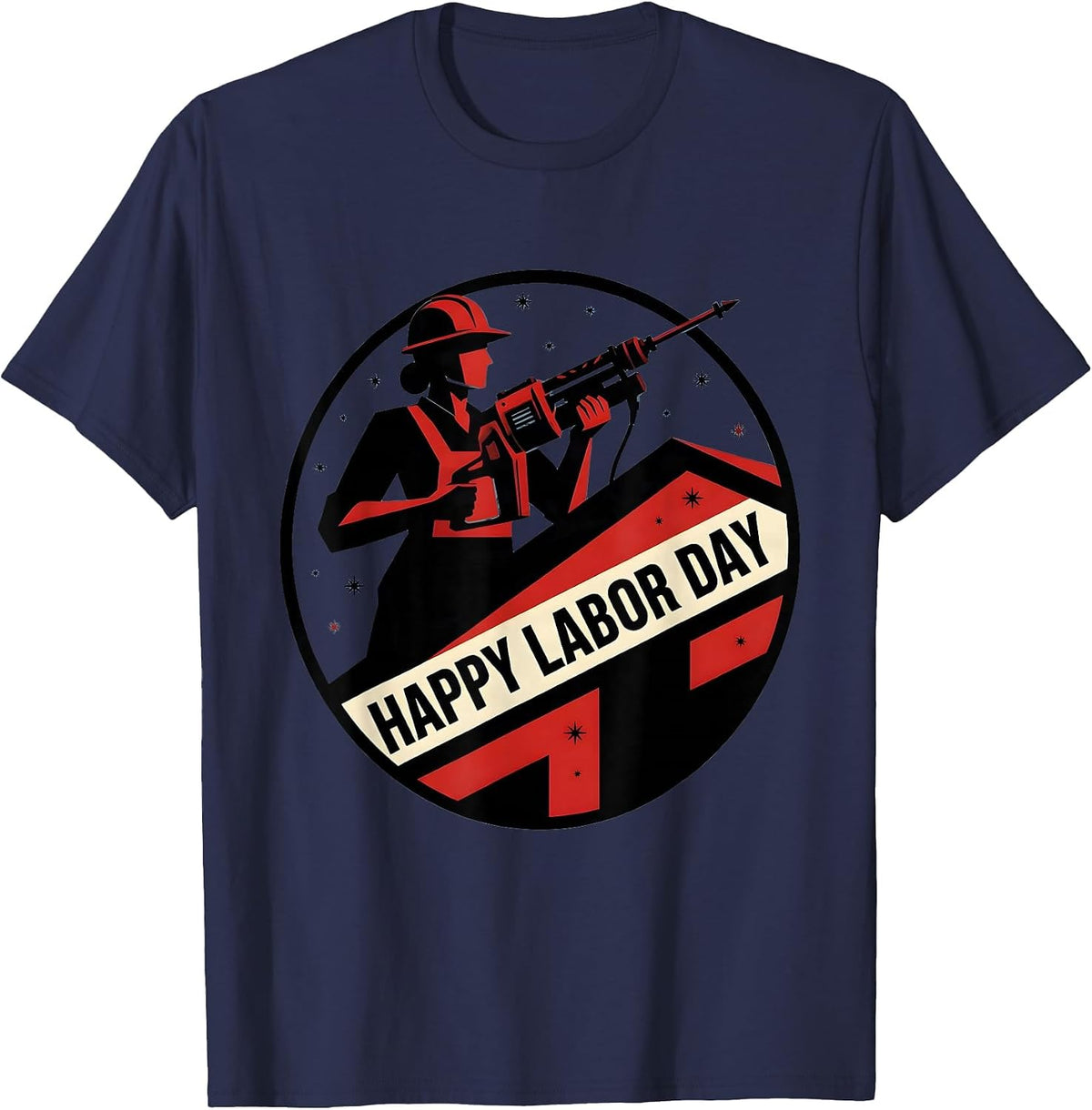 Happy Labor Day Patriotic Woman Worker Humor Graphic T-Shirt - Navy Blue