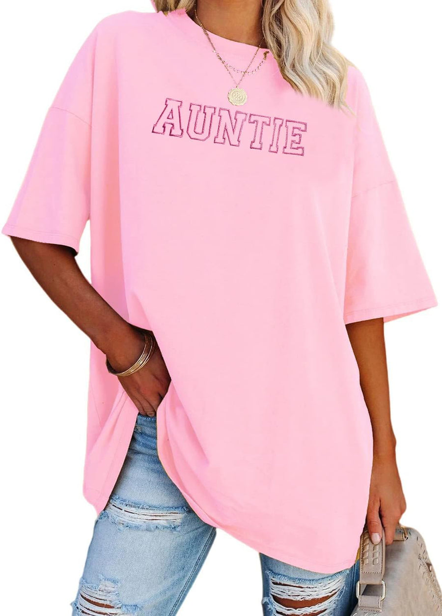 Auntie Shirt Women Aunt Embroidered Shirts Oversized New Aunt Gift Pregnancy Announcement Short Sleeve Tee Tops -