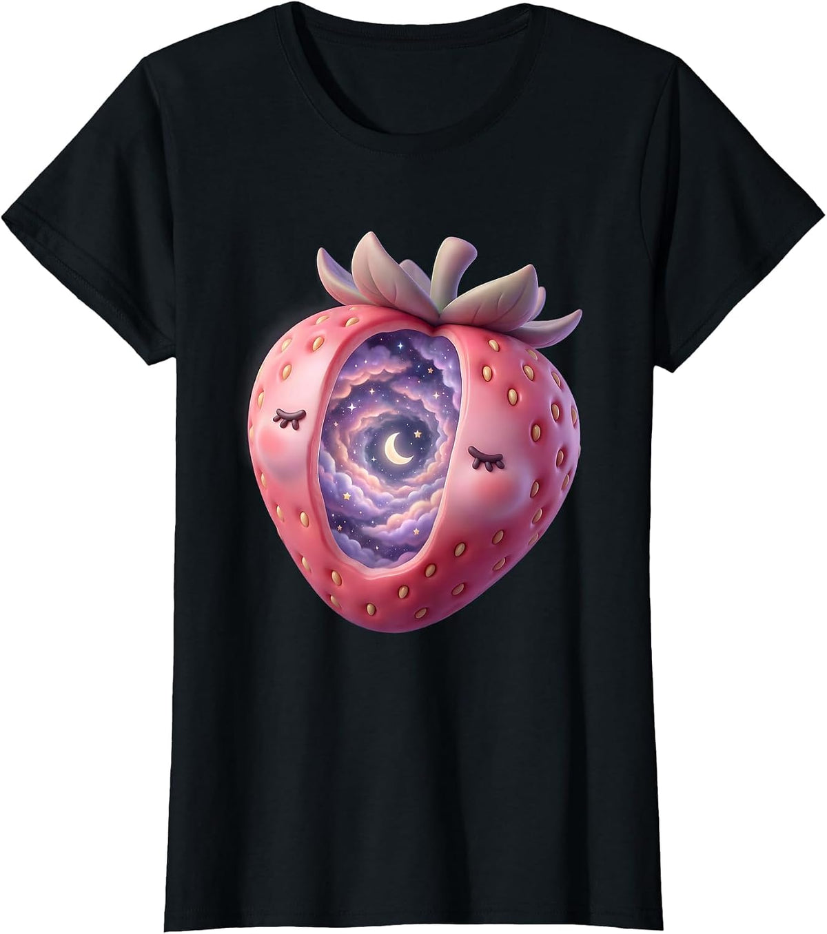 Women's Cosmic Strawberry Galaxy Universe Illustration T-Shirt - Black