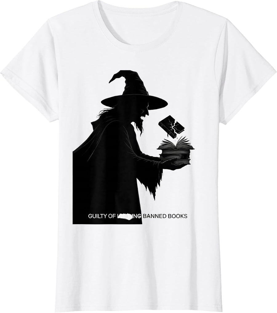 Women's Guilty Of Lending Banned Books Witch Bookish Halloween T-Shirt - White