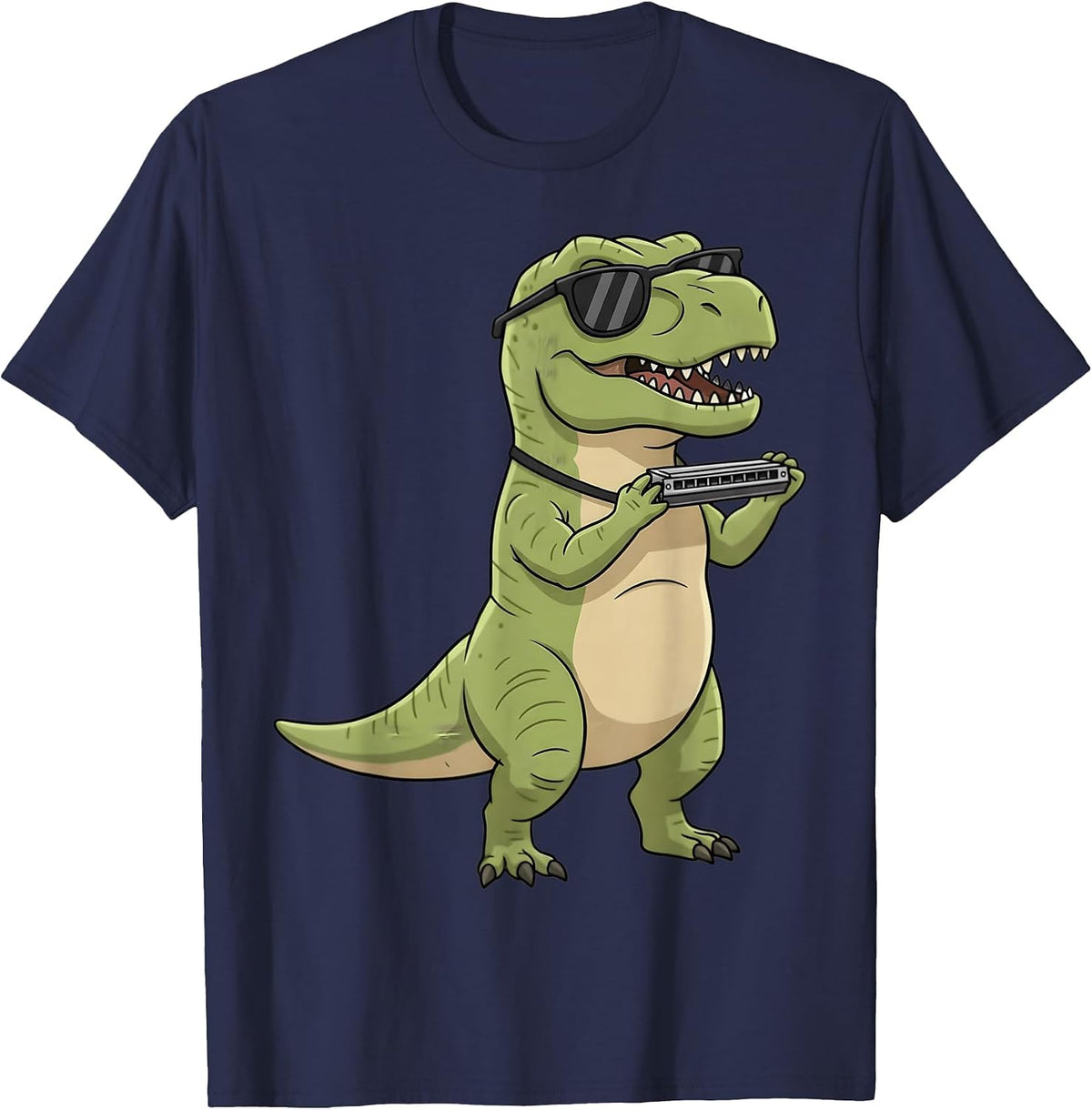 Cute Dinosaur Playing Harmonica T Rex Musician Boys Kids T-Shirt - Navy Blue