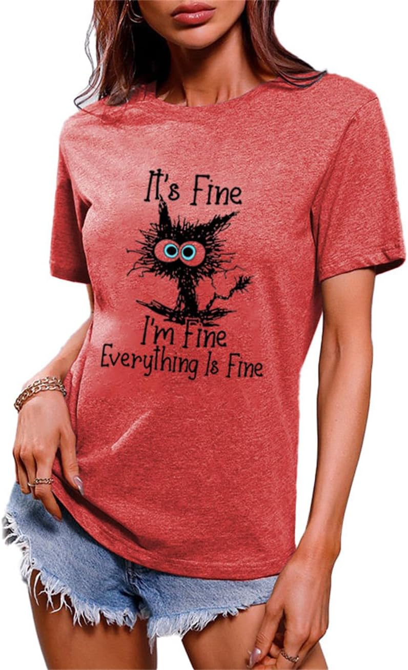 Women Cute Cat Shirt Everything is Fine Graphic Tees Short Sleeve Tops - Red