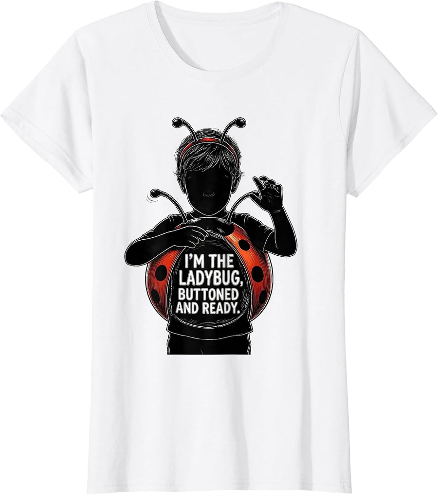 Women's I'm The Ladybug Buttoned And Ready Cute Ladybug Halloween T-Shirt - White