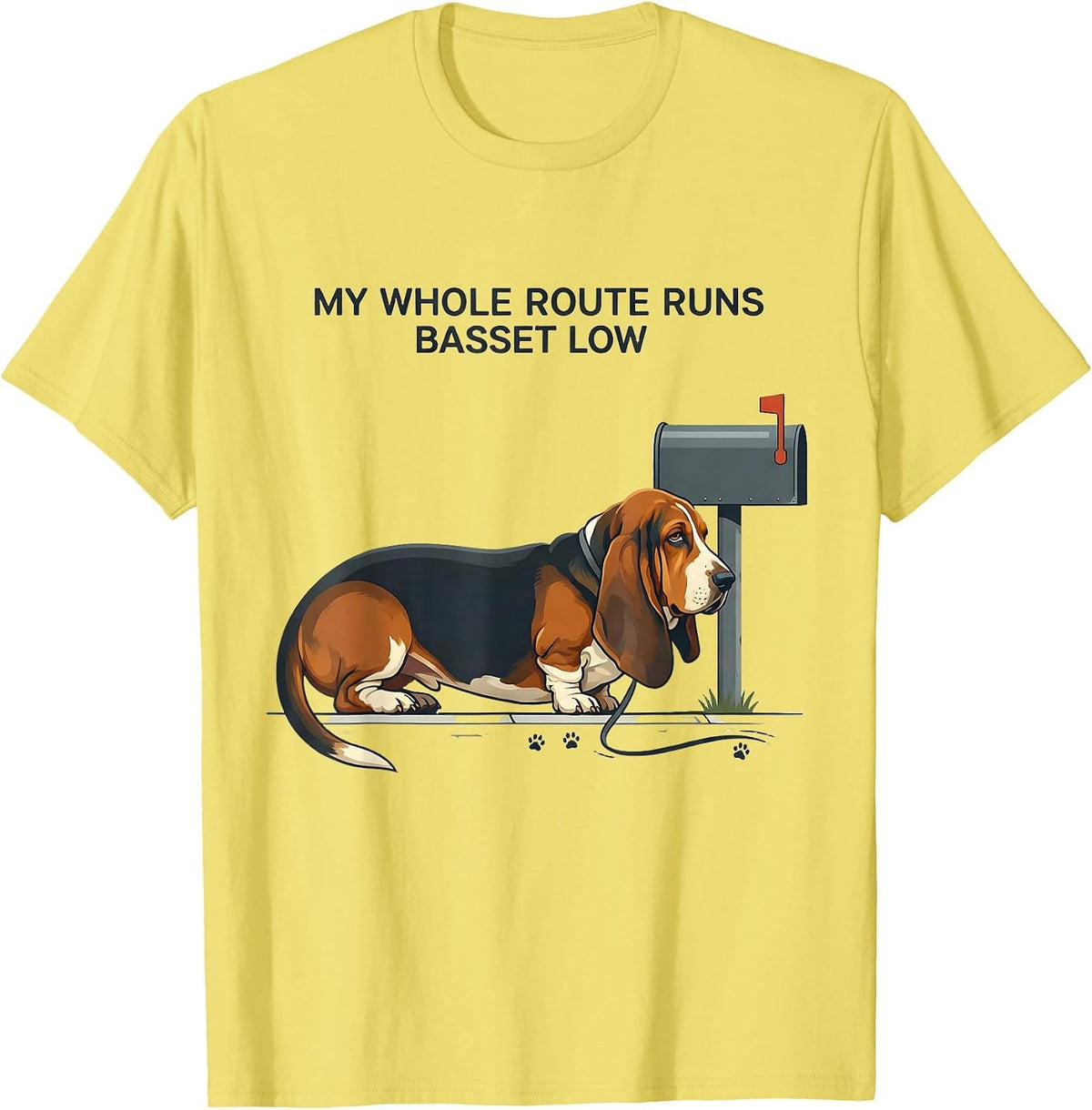 Men's My Whole Route Runs Basset Low Funny Basset Hound Dog Lover T-Shirt - Lemon Yellow