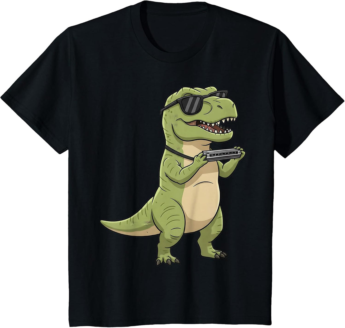 Cute Dinosaur Playing Harmonica T Rex Musician Boys Kids T-Shirt - Black