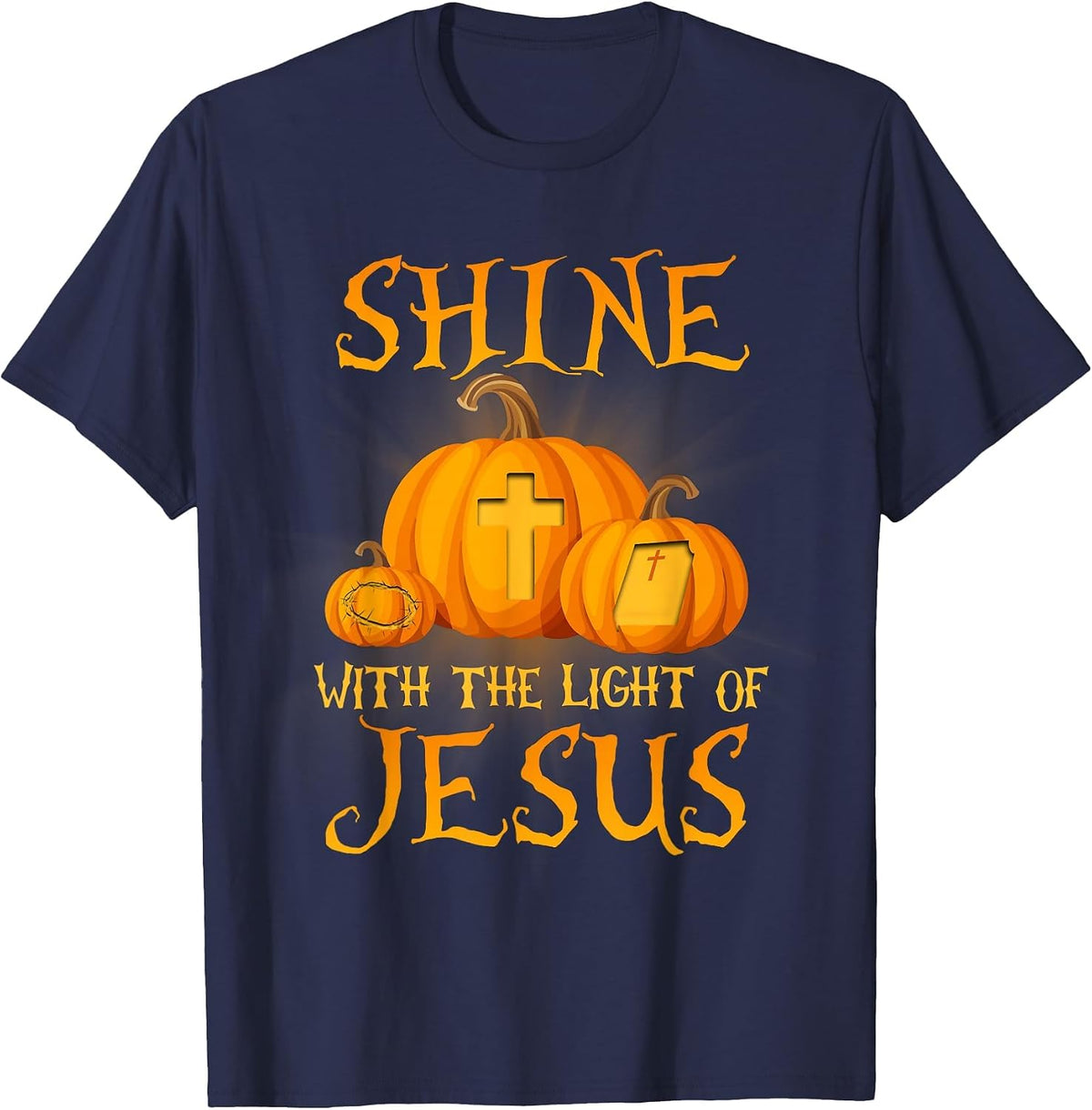 Shine with The Light of Jesus Christian Halloween Pumpkin T-Shirt - Navy Blue