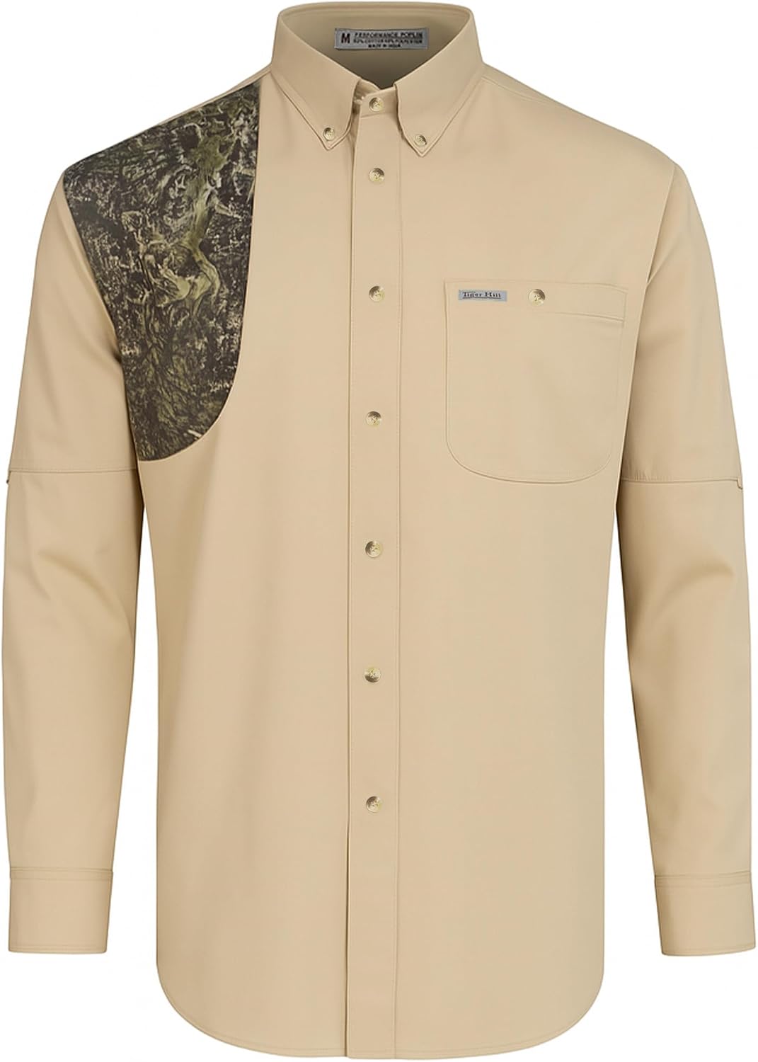 Men Hunting Khaki Camo Shirt Button Quilted Shooting Patch Long Sleeves 52% Cotton 48% Poly Button Down Collar - Khaki Camo