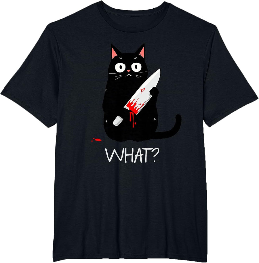 What? Cat with Knife Funny Cats Meme Tee Cat Sarcastic Humor T-Shirt - Black