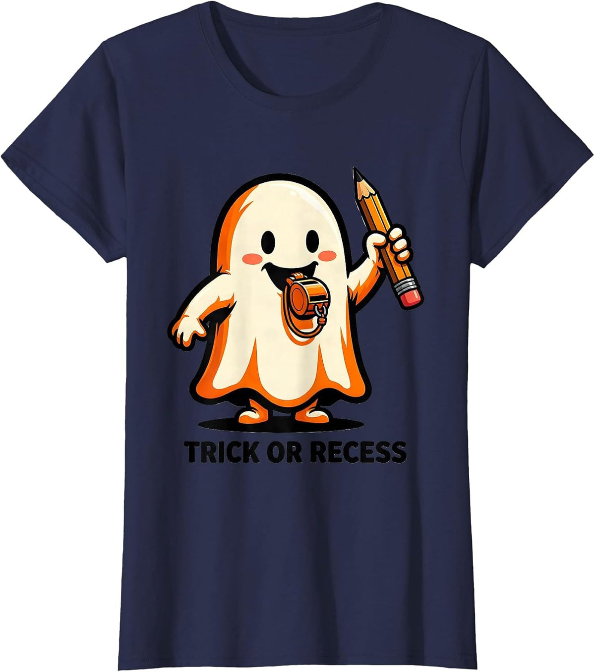 Women's Trick Or Recess Cartoon Ghost Halloween Teacher Costume T-Shirt - Navy Blue