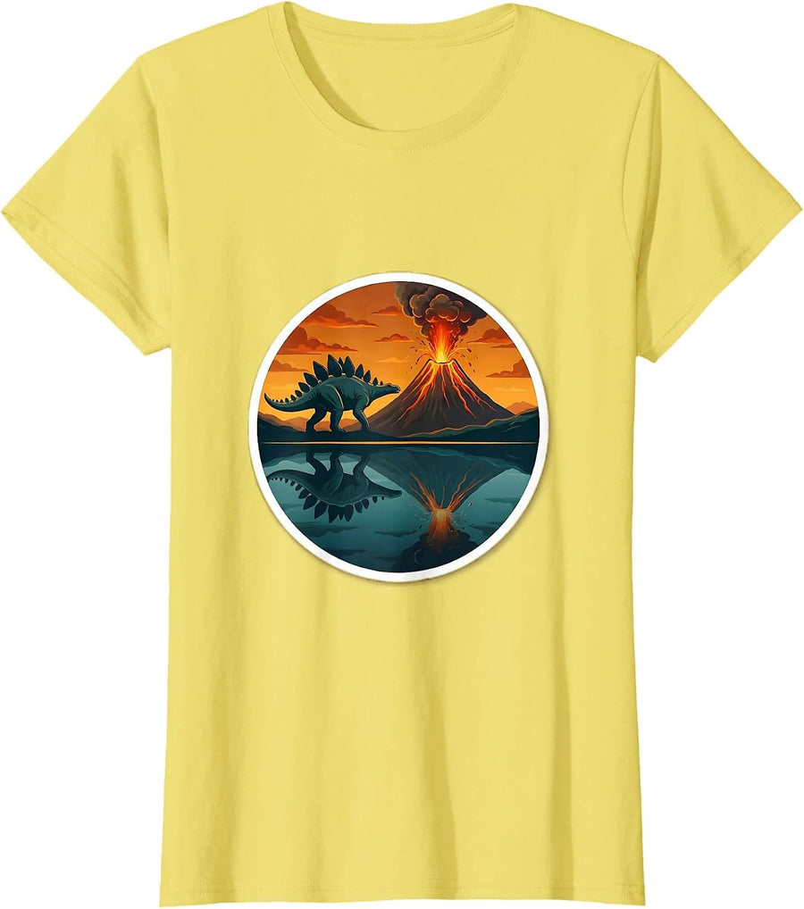 Stegosaurus Volcano Lake Reflection Dinosaur T-Shirt - Lemon Yellow