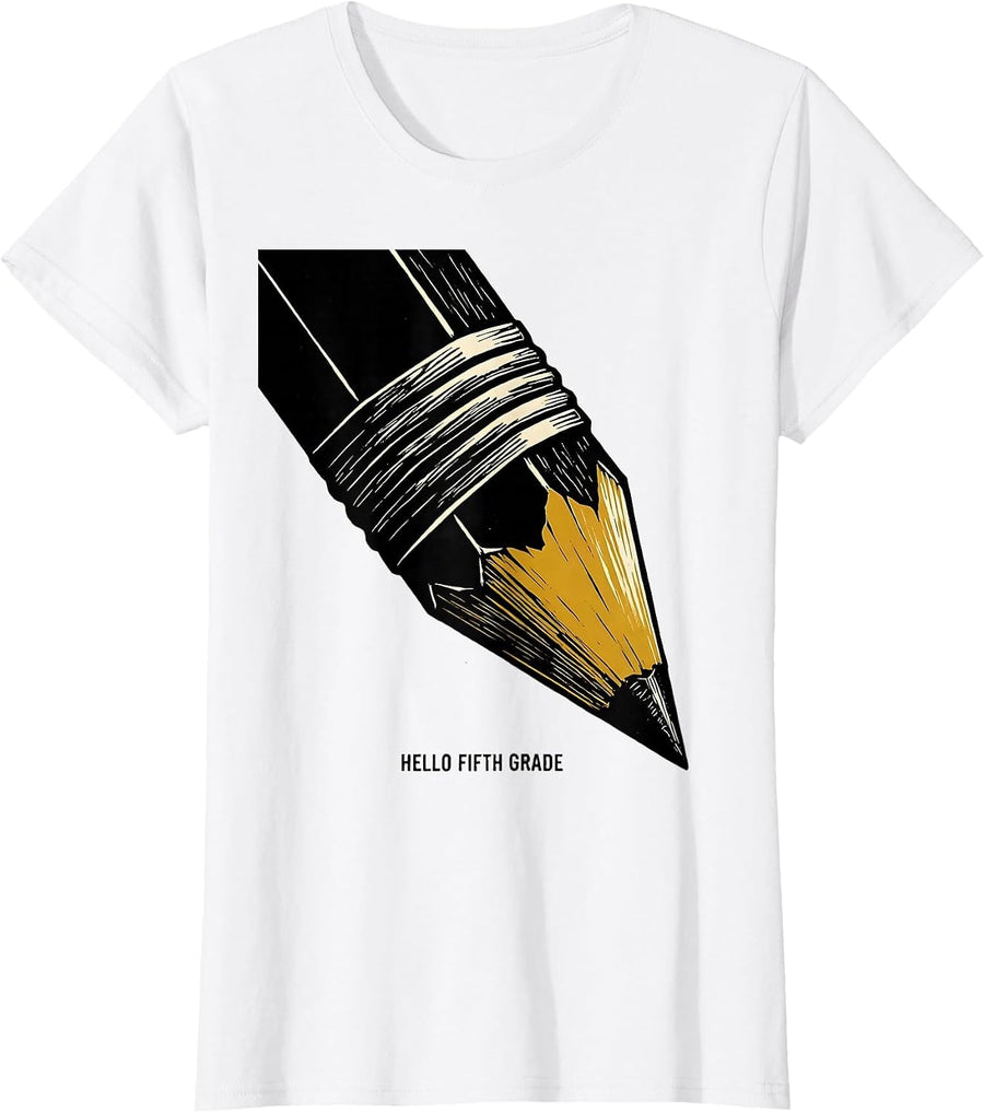 Women's Hello Fifth Grade Cute Back to School Pencil Teacher Kid T-Shirt - White