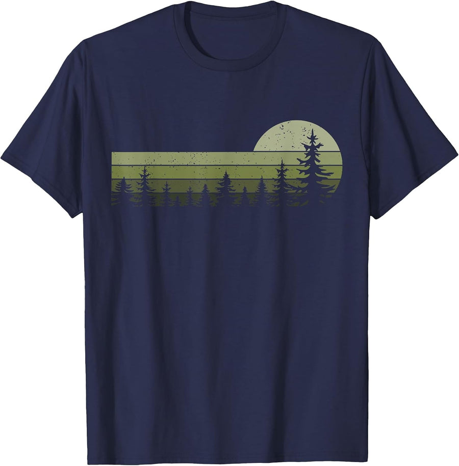 Wildlife Vintage Sunset Mountain Forest Trees Hiking Nature T-Shirt - Navy Blue