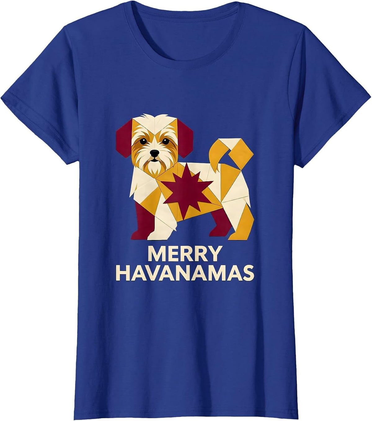 Women's Merry Havanamas Quilt Block Patchwork Havanese Christmas Dog T-Shirt - Royal Blue