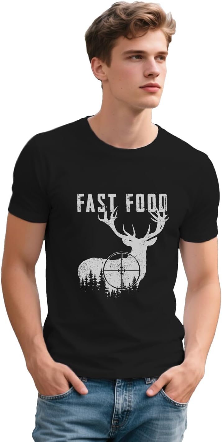Mens Deer Hunting Shirt Fast Food Tshirt Hunter Hunt Tee Tops - Black