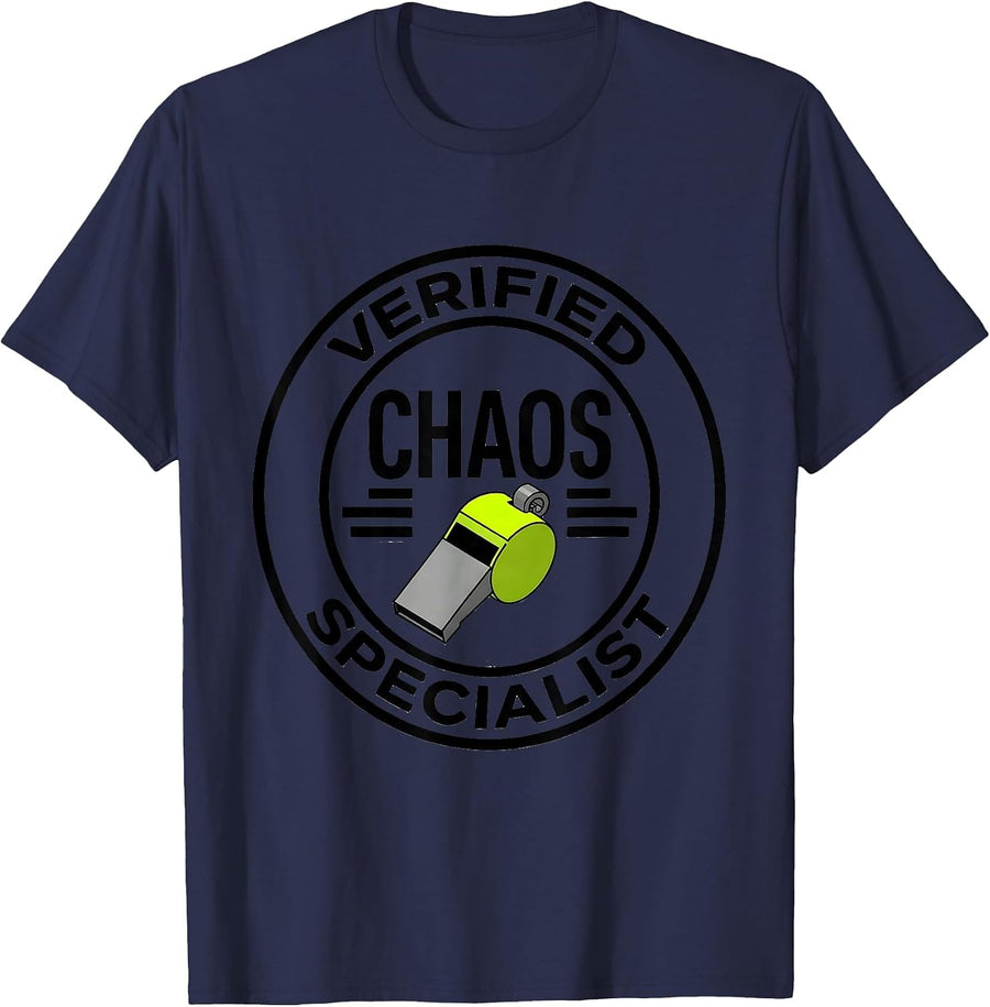 Verified Chaos Specialist Funny PE Teacher Back To School T-Shirt - Navy Blue