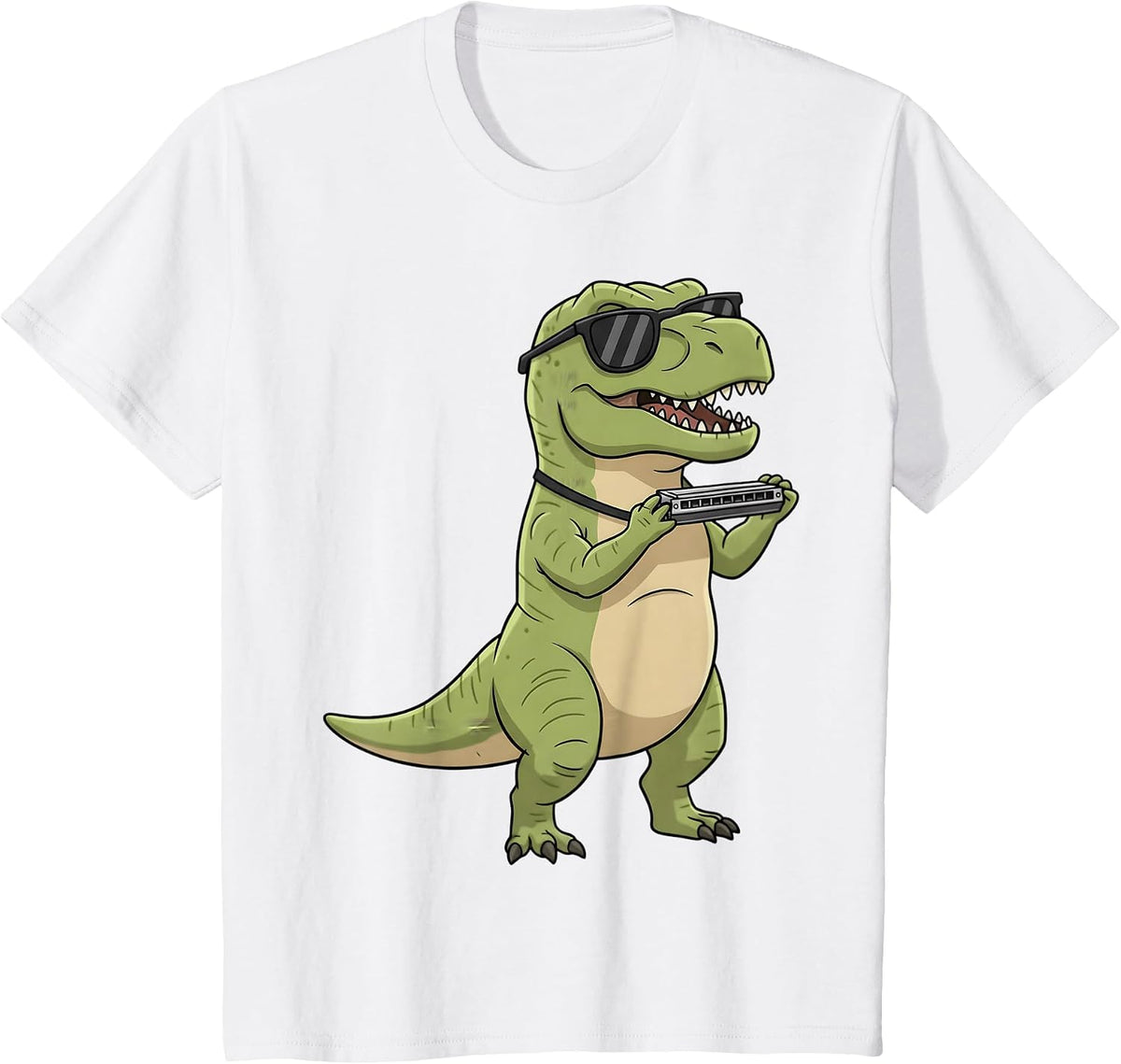 Cute Dinosaur Playing Harmonica T Rex Musician Boys Kids T-Shirt - White