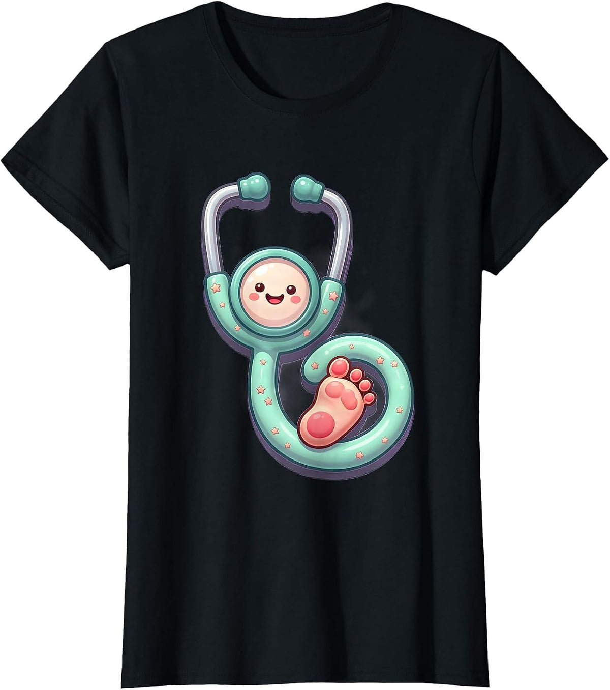 Women's NICU Nurse Stethoscope Baby Footprint Illustration T-Shirt - Black