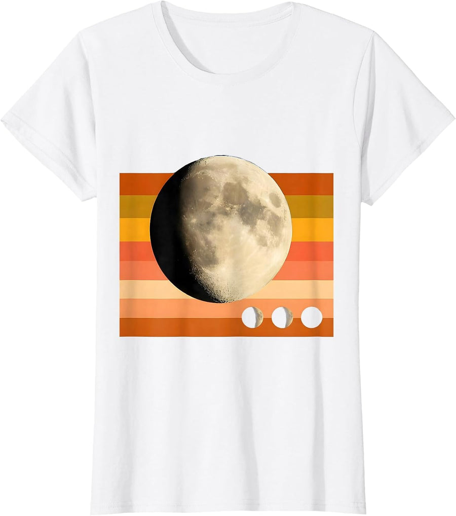 Women's Waxing Gibbous Moon Retro 70s Celestial Graphic T-Shirt - White