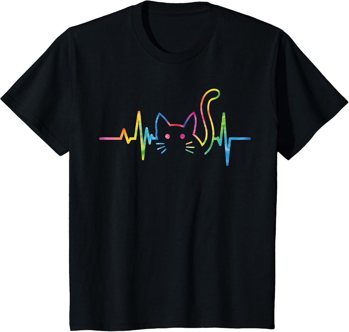 Heartbeat Cat for Women Silhouette Cute Cat Tie Dye Lover T-Shirt - Black