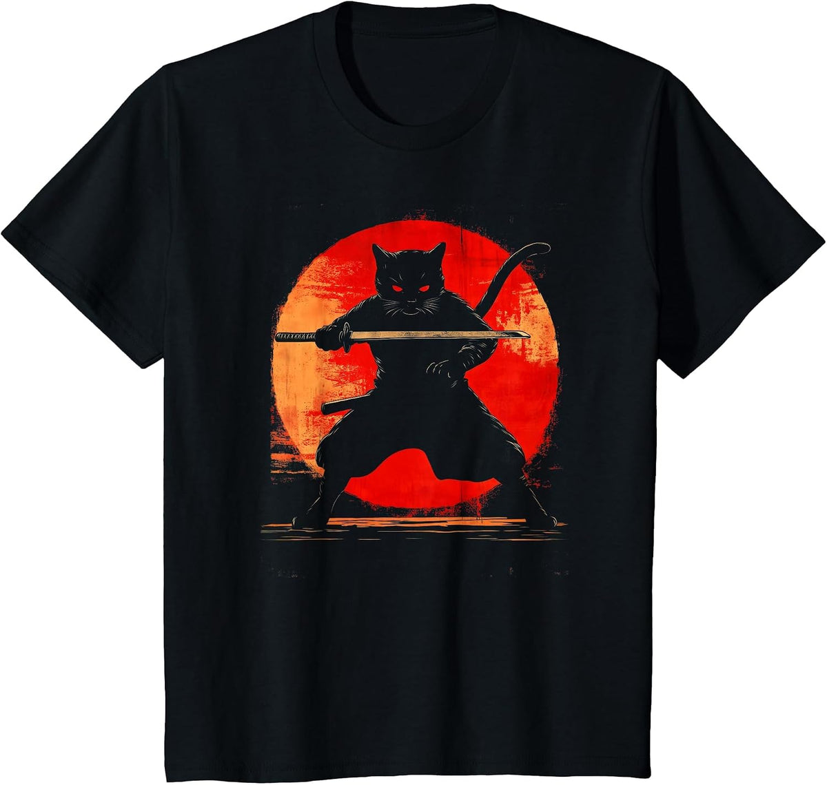 Black Samurai Cat Graphic Tee Katana Art Japanese Anime T-Shirt - Black