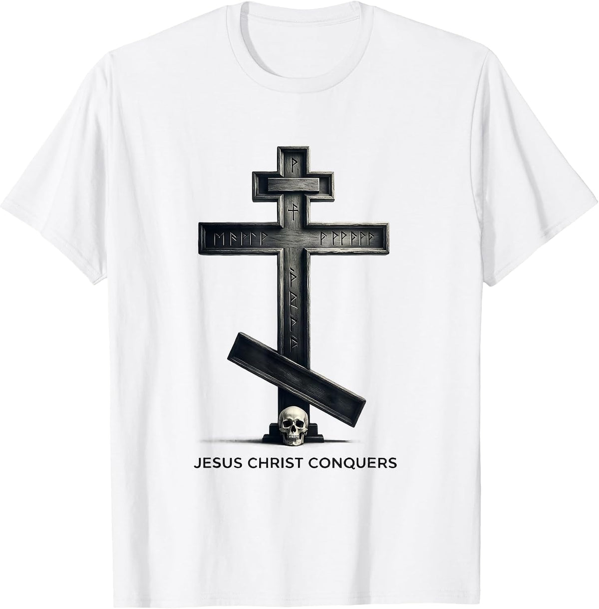 Men's Jesus Christ Conquers Monochromatic Orthodox Cross Russian T-Shirt - White