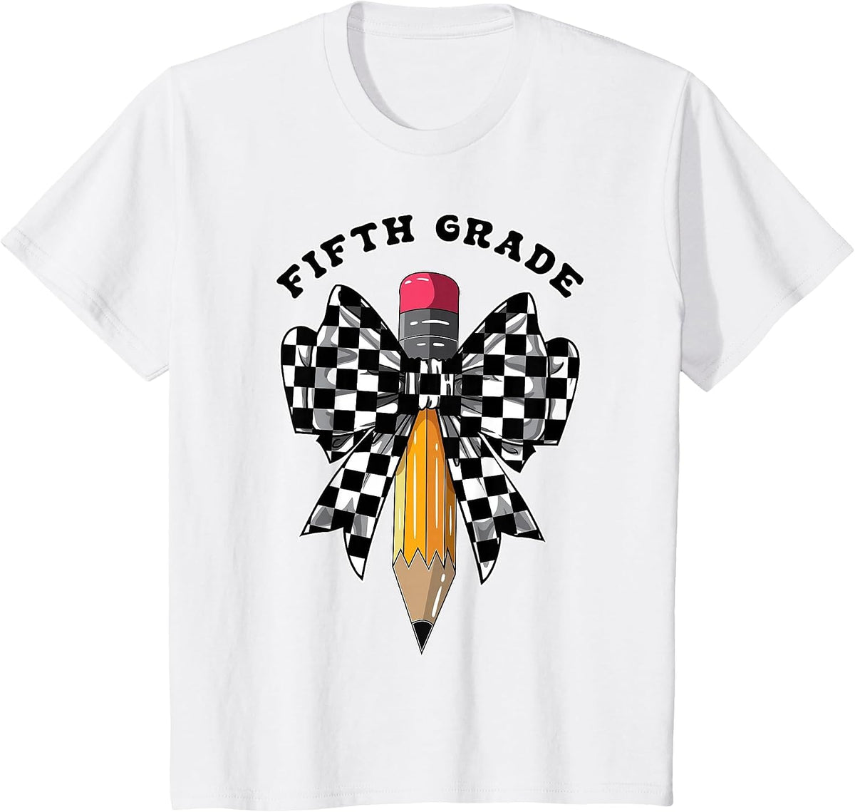Fifth Grade Coquette Checkered Back to School Teacher Kids T-Shirt - White