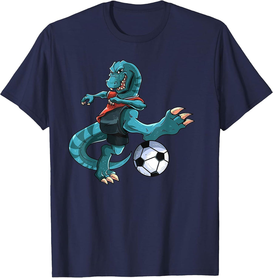 Funny Dino Soccer Player T-Rex Lover Football Game Kids Boys T-Shirt - Navy Blue