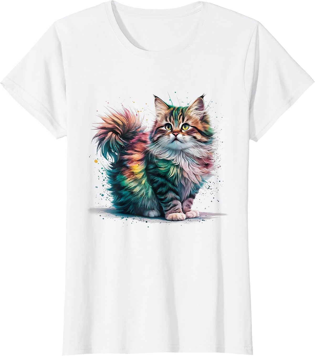 Cat Men Women Colourful Watercolour Cat T-Shirt - White