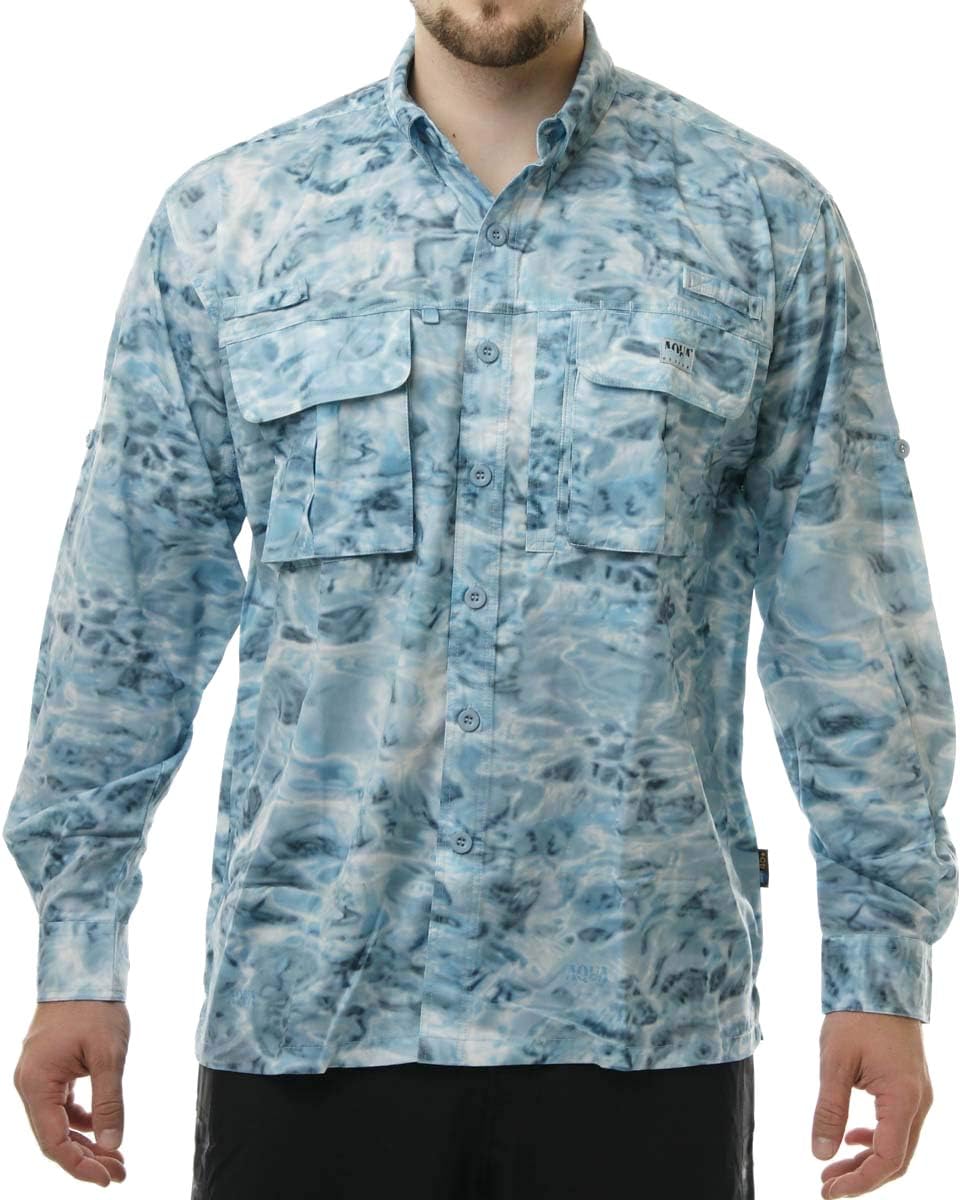 Aqua Design Long Sleeve Fly Fishing Shirt - Mens Camo Saltwater Vented Shirts - Aqua Sky