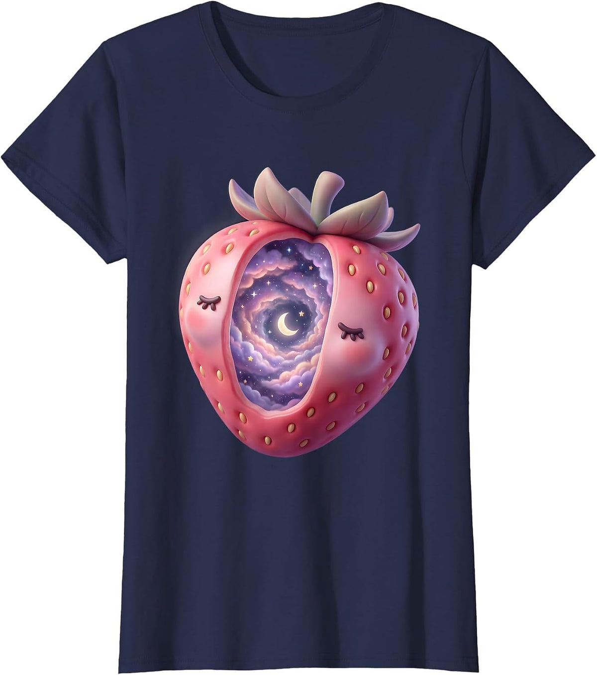 Women's Cosmic Strawberry Galaxy Universe Illustration T-Shirt - Navy Blue