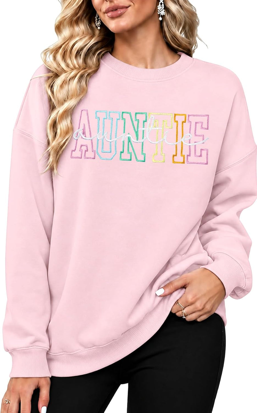 Women's Auntie Sweatshirt Embroidered Cool Aunt Crewneck Long Sleeve Shirts - Pink