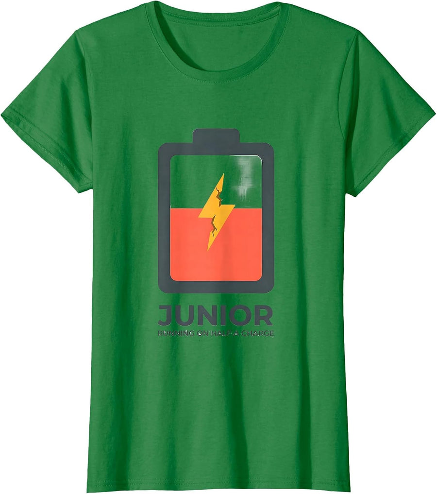 Women's Junior: Running On Half A Charge Funny College Student Gift T-Shirt - Kelly Green