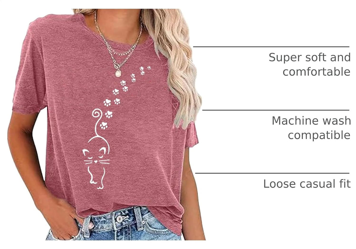 BOMYTAO Cute Cat Shirt for Women Cat Mom Heartbeat Paw Print T-Shirt Short Sleeve Casual Tee Top - size chart