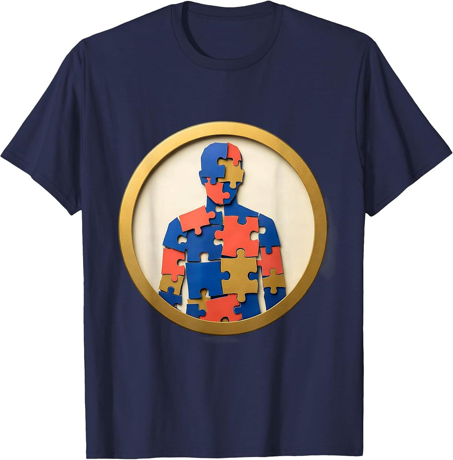 Autism Awareness Mosaic Human Silhouette Design T-Shirt - Navy Blue