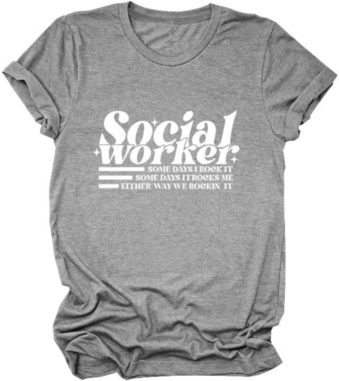 Social Worker Tshirt Women Retro Mental Health Crewneck Graphic Shirt Social Work Month Casual Short Sleeve Tees Tops - Grey