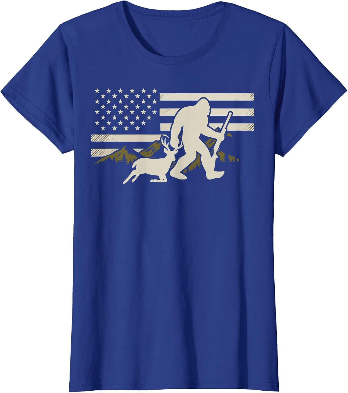 Bigfoot Deer Hunting USA Flag Deer Hunting Buck Season T-Shirt - Royal Blue