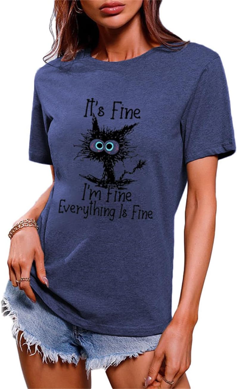 Women Cute Cat Shirt Everything is Fine Graphic Tees Short Sleeve Tops - Navy Blue