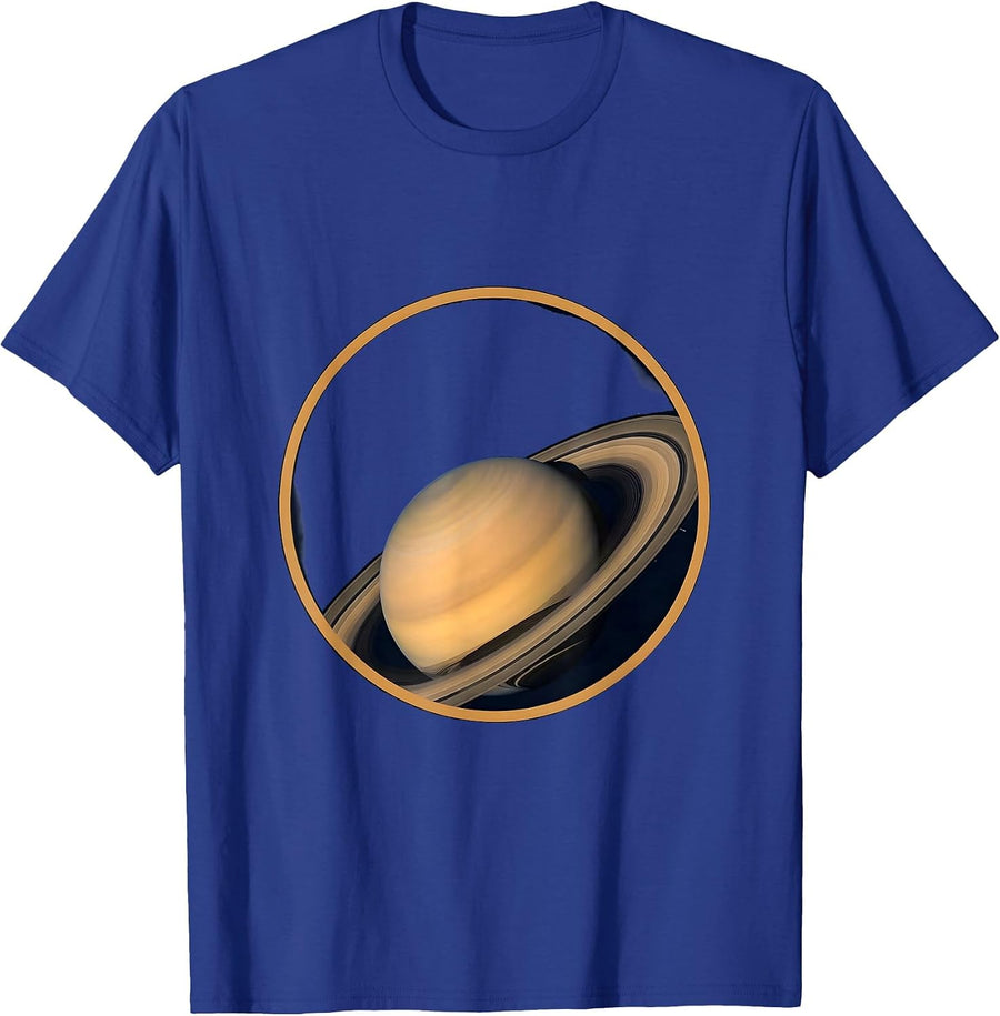 Saturn Close-Up Dramatic Rings Space Illustration T-Shirt - Royal Blue