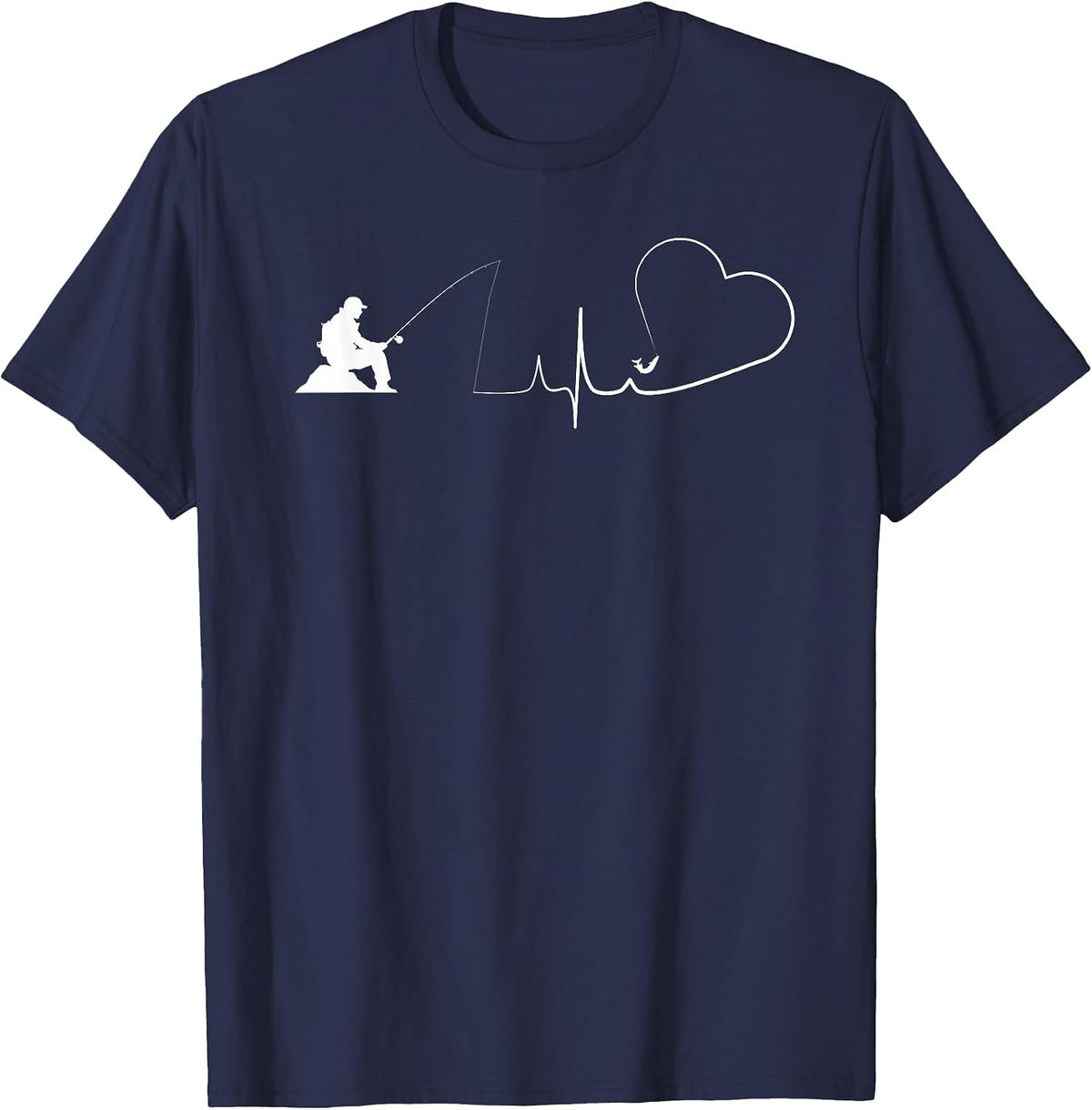 Fishing Heartbeat of Fly Fishing Fish with Rod Hook Bass T-Shirt - Navy Blue